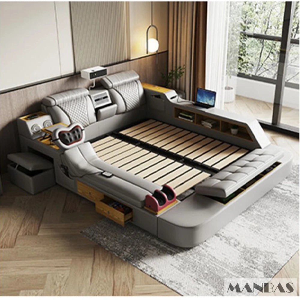 MANBAS Tech Smart Bed - the Ultimate Multifunctional Bedframe with Genuine Leather, Massage, Speaker, Projector, Air Purifier