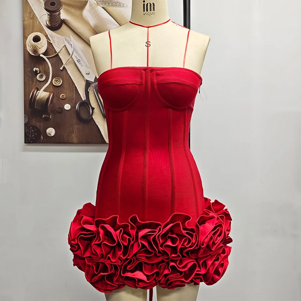Bandage Mini Dress Strapless With Floral Lace Back — Crimson Red | KIMLUD