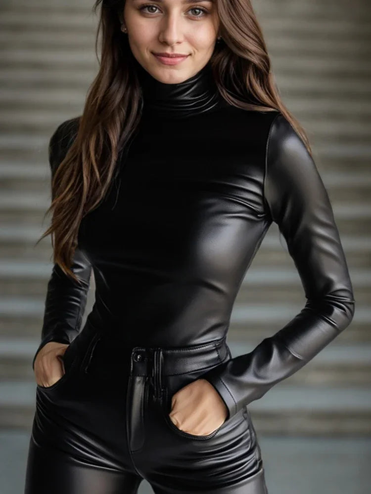 Fashion Fuax Leather PU Tops for Women Turtleneck Long Sleeve Solid High Street Gothic Vintage Casual Tee Top for Spring 2025
