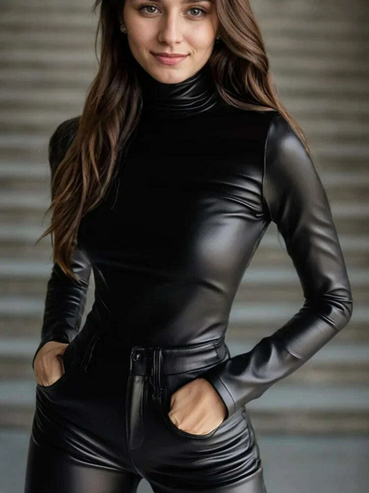 KIMLUD, Fashion Fuax Leather PU Tops for Women Turtleneck Long Sleeve Solid High Street Gothic Vintage Casual Tee Top for Spring 2025, KIMLUD Womens Clothes