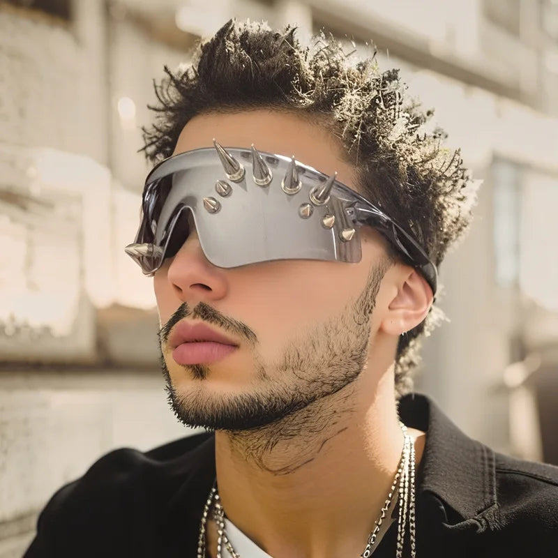 Rivet-Decor Resin Shield Sunglasses — Silver | KIMLUD