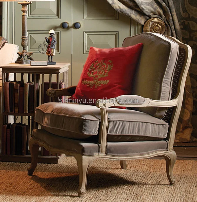 French farmhouse antique wooden armchair lounge living room furniture with stool accent chair
