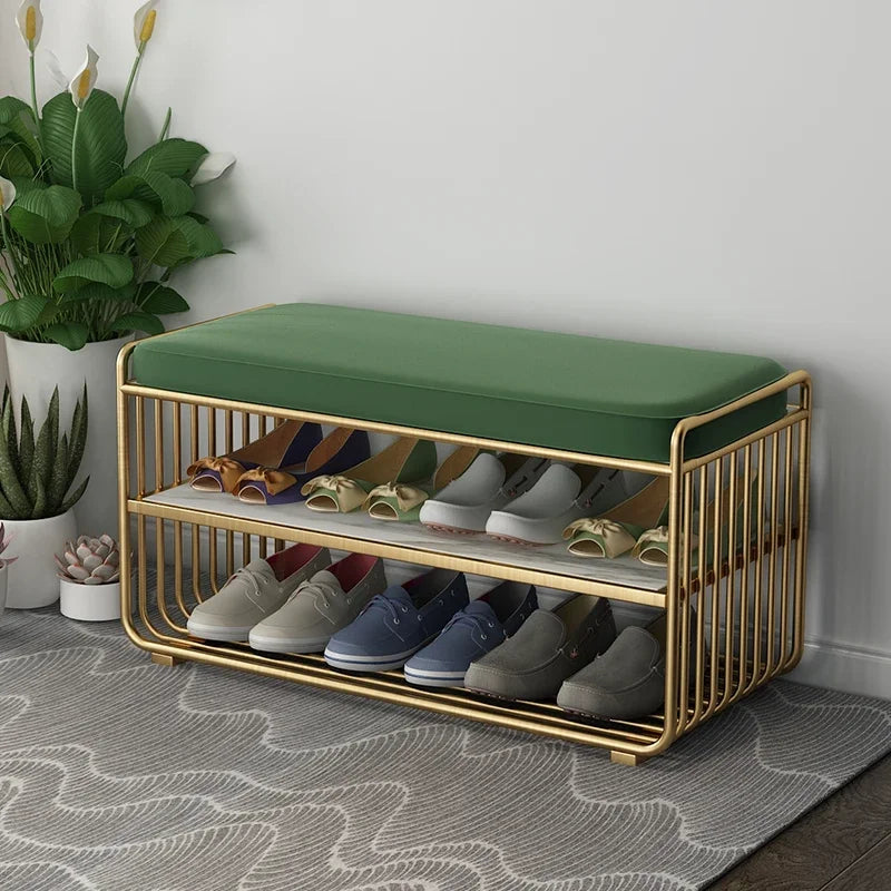 Fabric Shoe Stool Nordic Minimalist With Storage Brushed Gold Accents — Emerald Green | KIMLUD