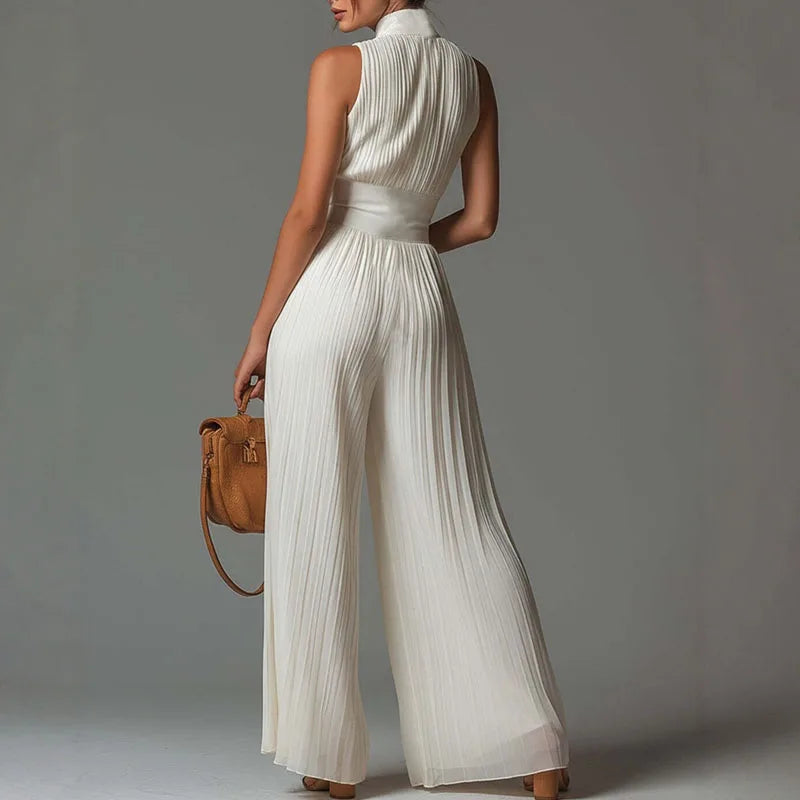 Chiffon Sleeveless Jumpsuit High Waist Pleated Wide Leg Solid — Ivory | KIMLUD