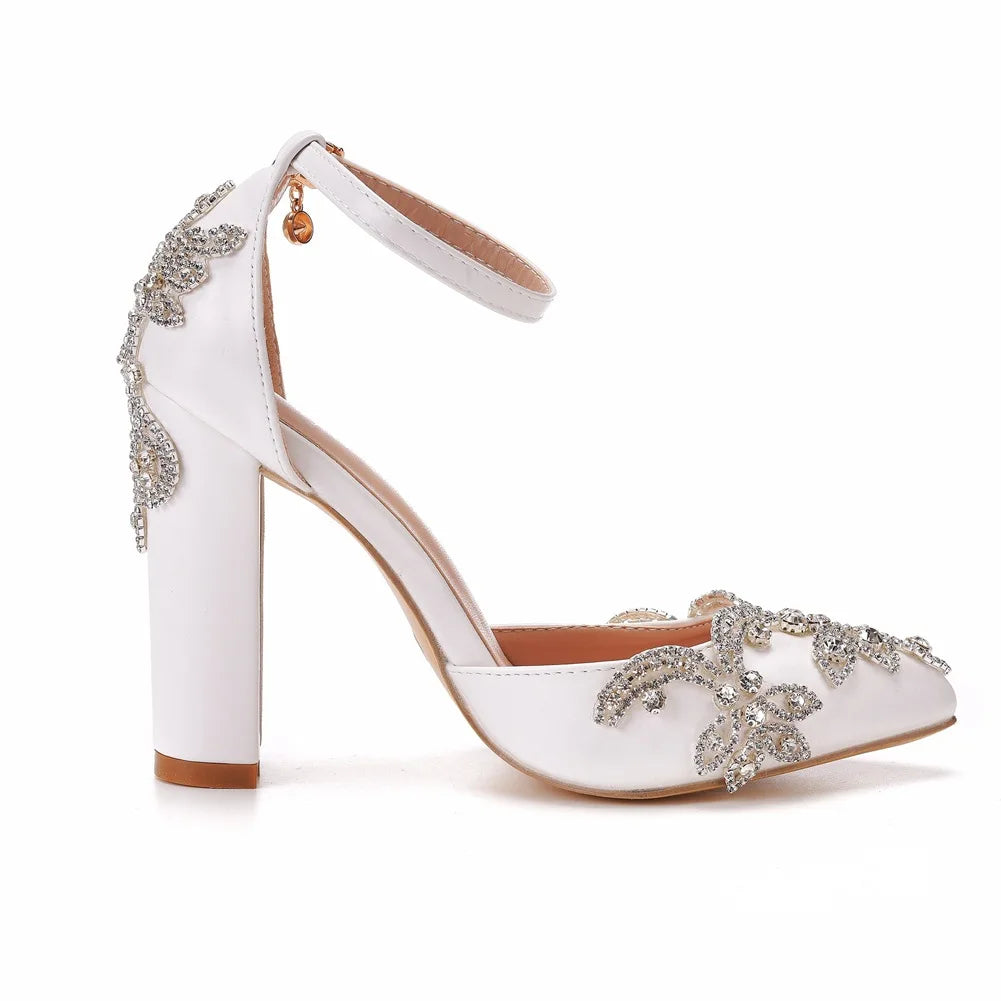 PU Sandals Rhinestone Flower Embellished Square Heel — White | KIMLUD