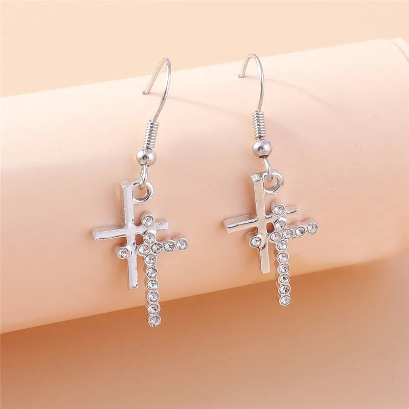 Silver-Tone Cross Earrings Zircon Crystal Dangle — Silver | KIMLUD