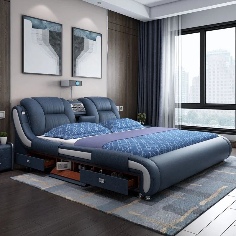 Genuine Leather Upholstered King Size Bed With Massage — Custom Color | KIMLUD