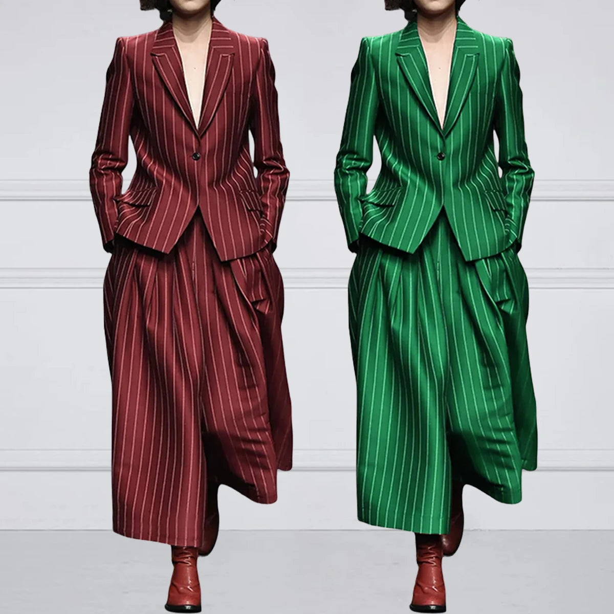 Two-Piece Striped Blazer and Wide-Leg Pant Suit – Blended | KIMLUD
