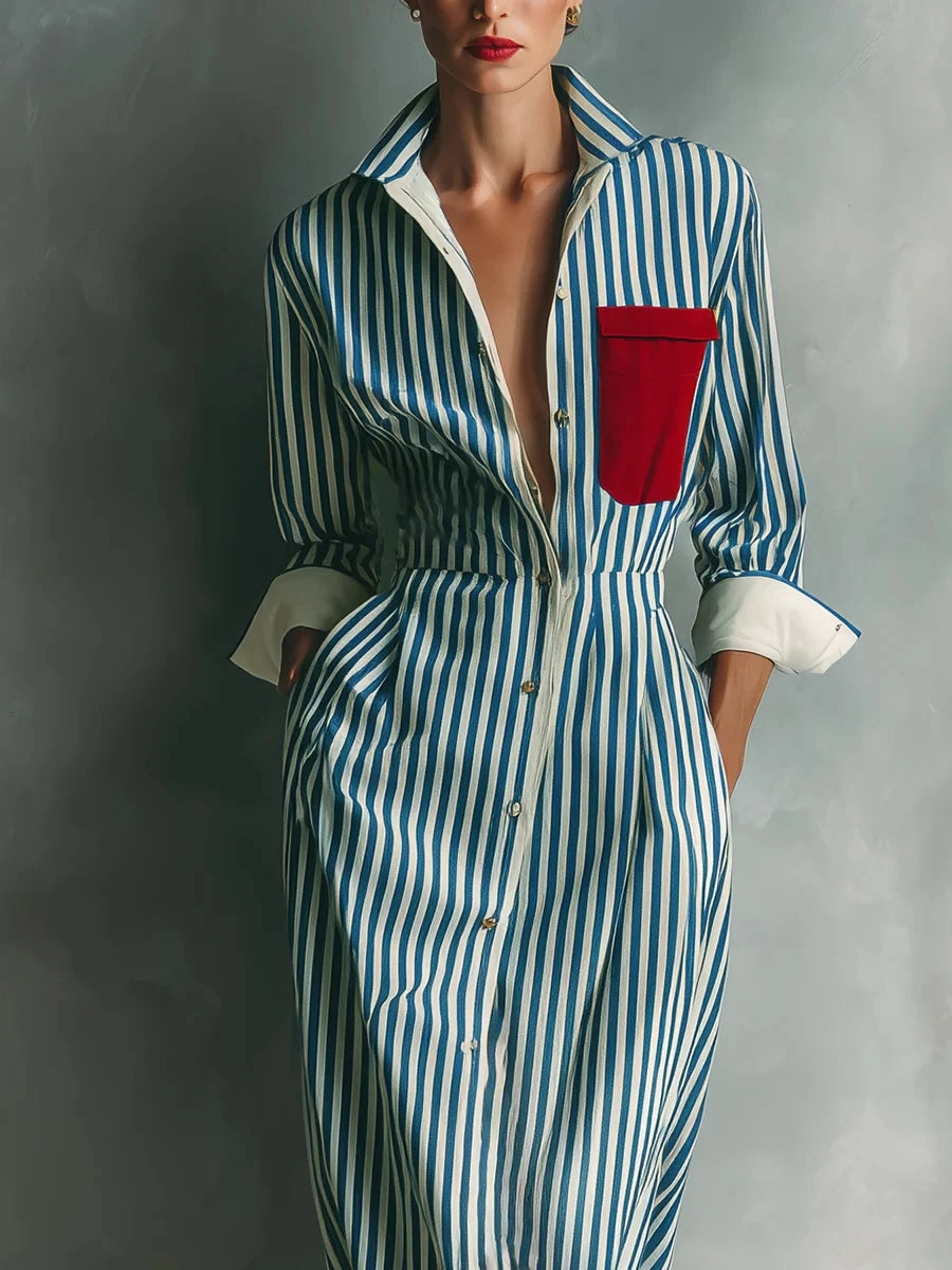 Shirt Dress - Striped Print Color Blocking - Polyester | KIMLUD