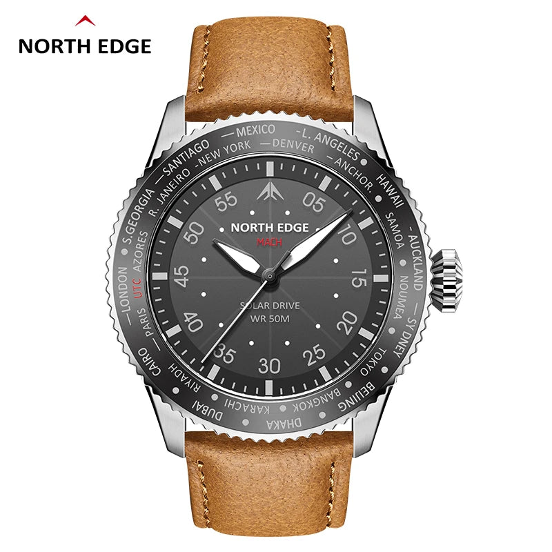 NORTH EDGE Watches for Men MACH 2024 New Desgin Solar Powered Watch Dual Time Zone Waterproof TPR Nylon Strap Pilot Mens Watch