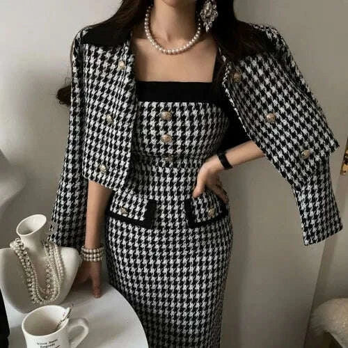 KIMLUD, Chic Autumnal Vintage ort Coat And Gingham Print Slim Fit Dr Set for Women Commute Sle Pure E-commerce S Chinese Or..., KIMLUD Womens Clothes