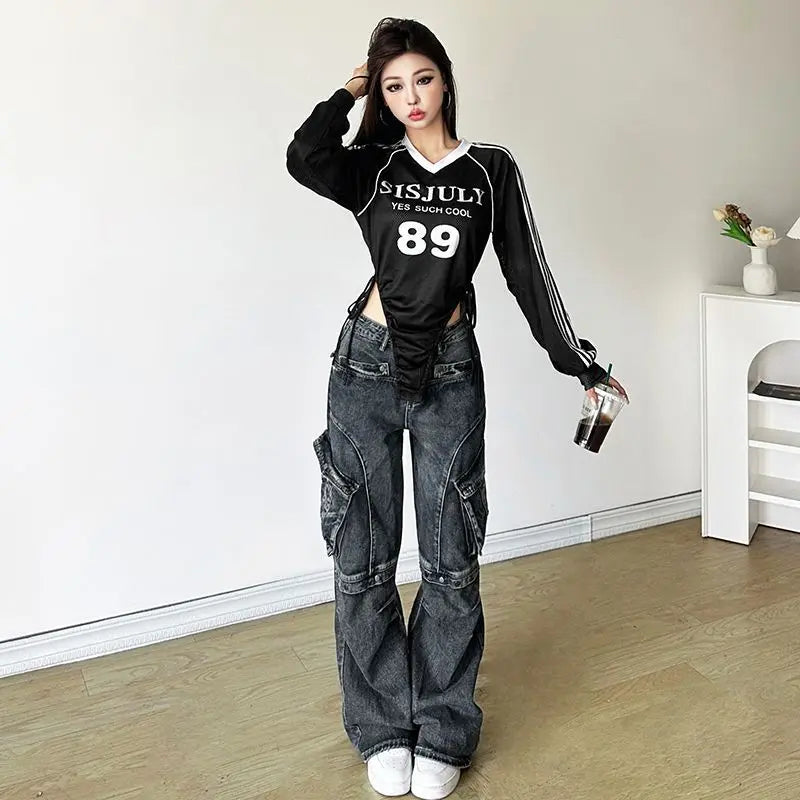 Y2k American Retro V-neck Long Sleeved Slim Fit Tops Stripe Bodysuit T-shirts Women Letter Printed Bodysuits Streetwear Jumpsuit