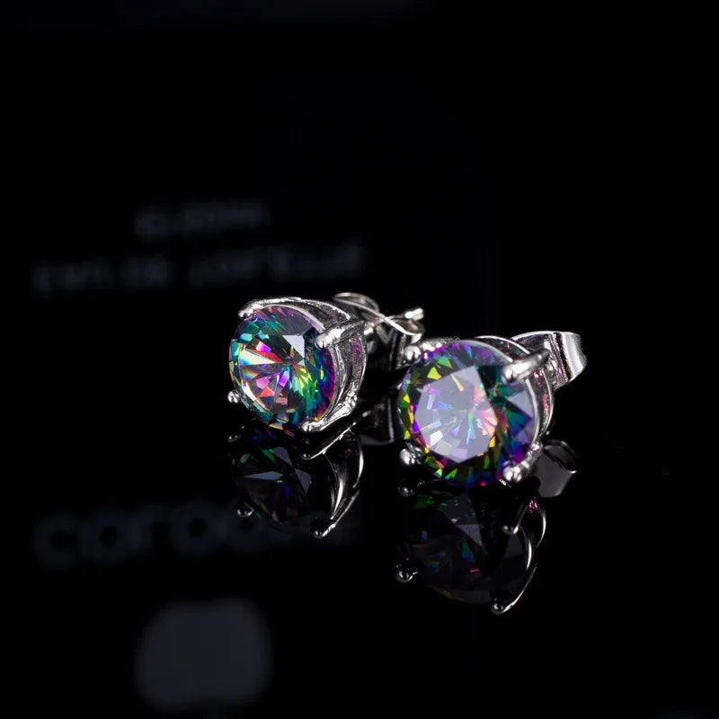 Rainbow Crystal Zircon Stud Earrings 5/6/7/8mm Round Stones — Silver | KIMLUD