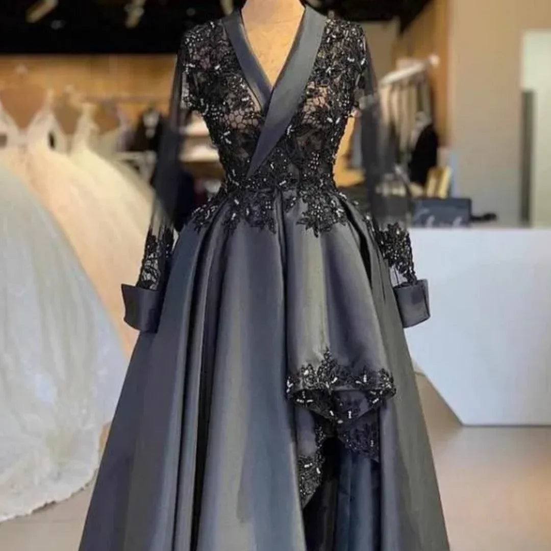 V Neck Mermaid Long Sleeves Lace Appliques Side Split Black Satin Party Wedding Guest Mother Dress Vintage Of The Bride Dresses