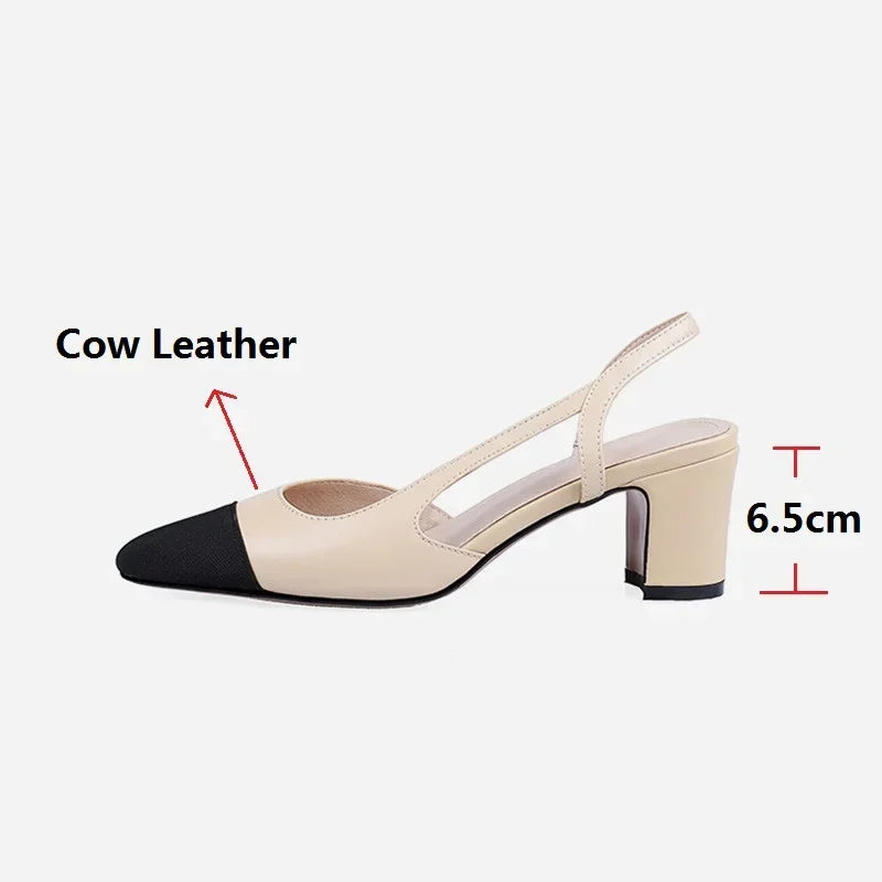 Genuine Leather Slingback Pumps Cap Toe — Beige Nude | KIMLUD