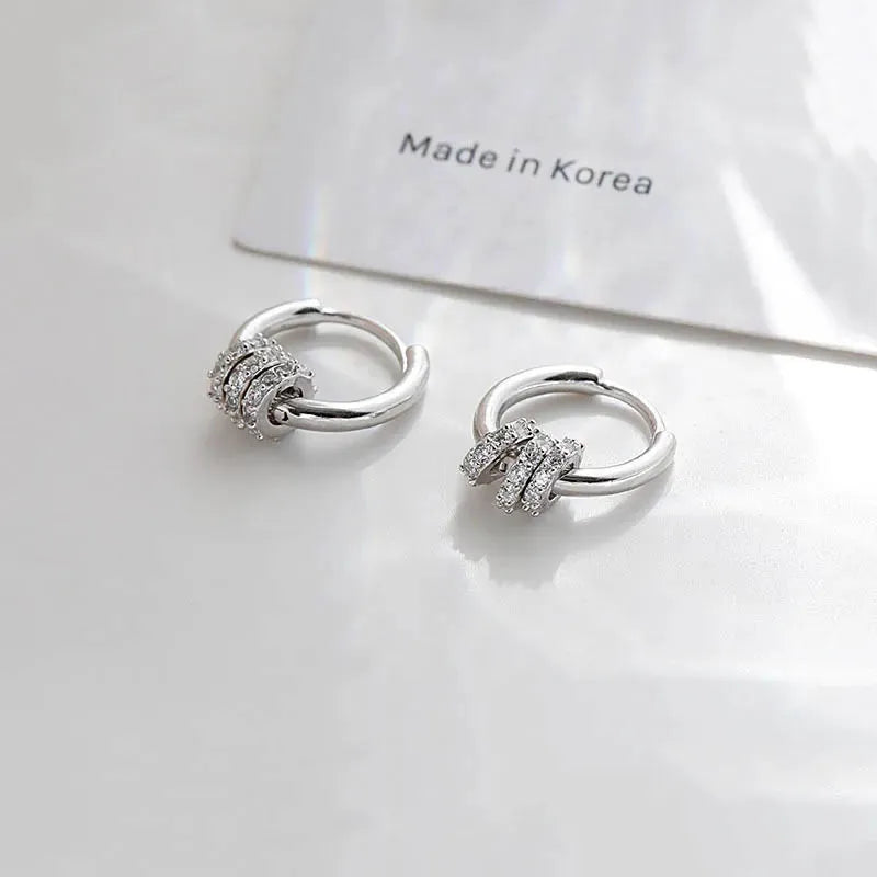 Sterling Silver Hoop Earrings Dainty Zircon Inlaid Round Circle — Silver | KIMLUD