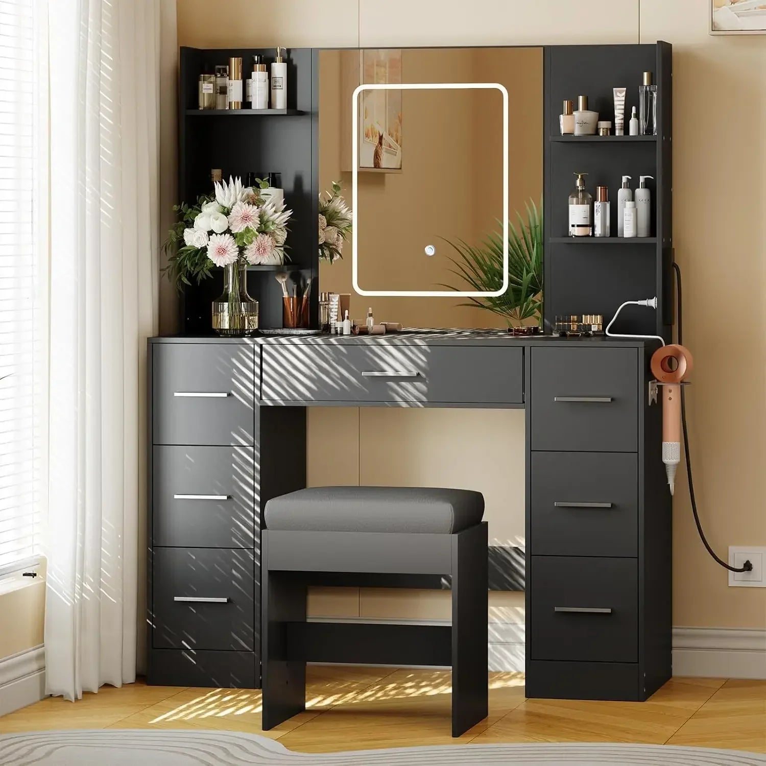 Vanity Table with Large Mirror and Chair, Power Outlet, Hair Dryer Rack, 7 Drawers 3 Lighting Modes Brightness Adjustable