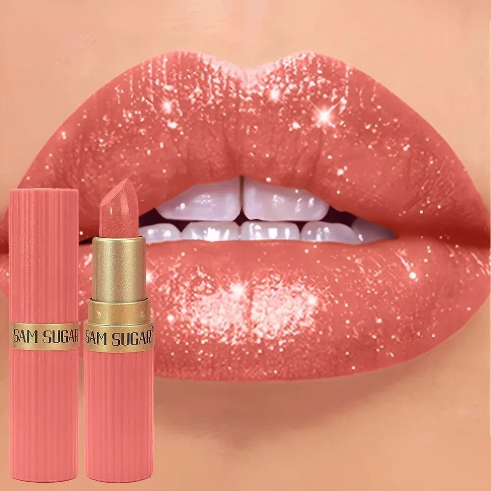 6 Colors Gold Bar Tube Lipstick Diamond Pearlescent Glitter Gold Pink Lips Stick Long-Lasting Non-Sticky High-Shine Makeup