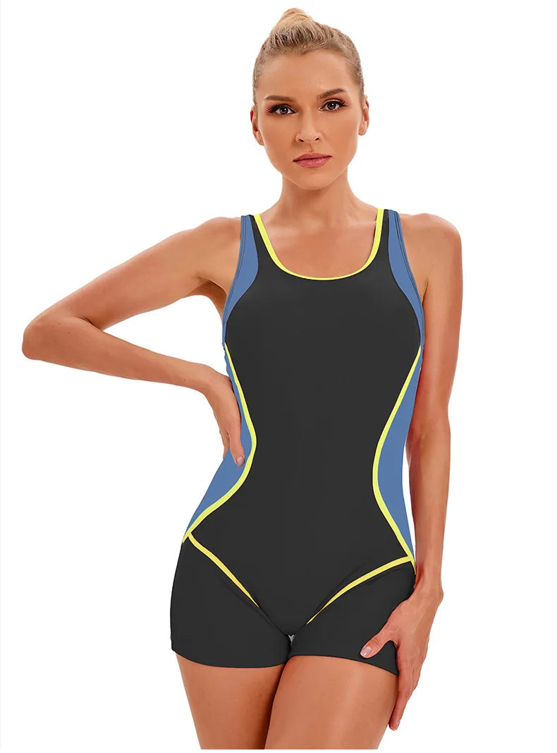 Polyamide Backless One Piece Swimsuit With Patchwork Side Panels And Neon Trim — Black | KIMLUD