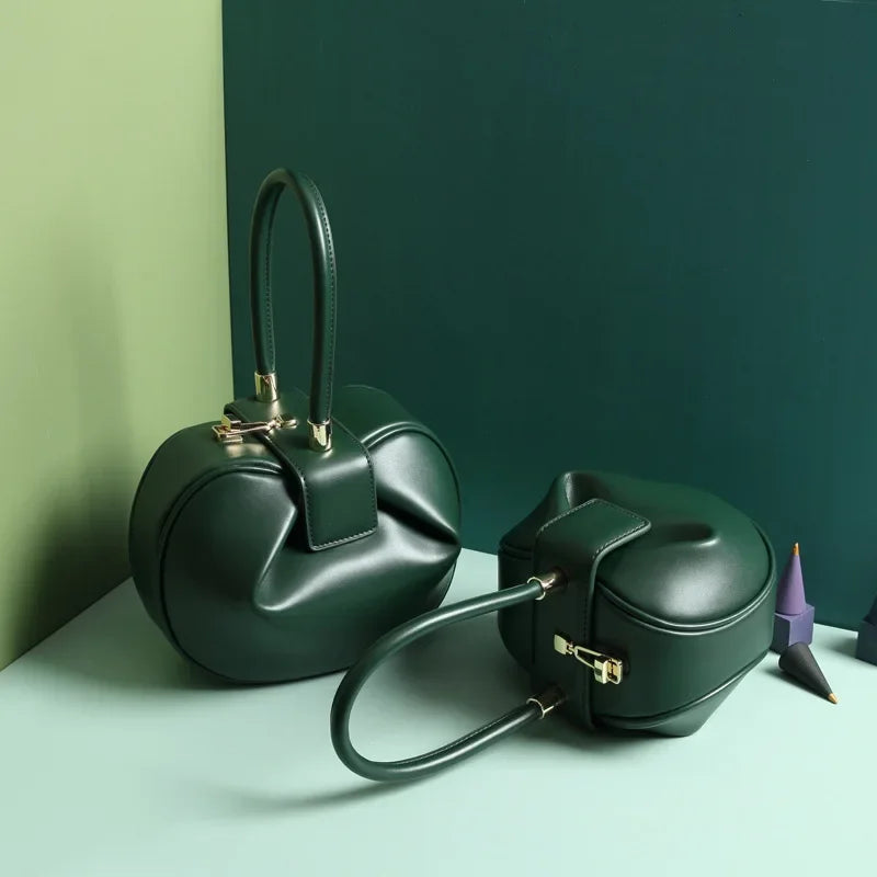 Genuine Cow Leather Round Dumpling Bag — Black | KIMLUD
