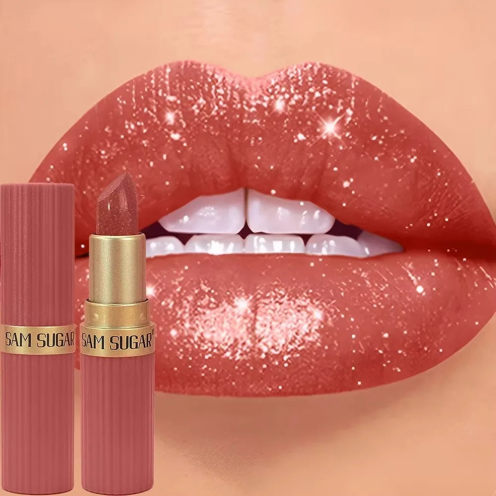 6 Colors Gold Bar Tube Lipstick Diamond Pearlescent Glitter Gold Pink Lips Stick Long-Lasting Non-Sticky High-Shine Makeup