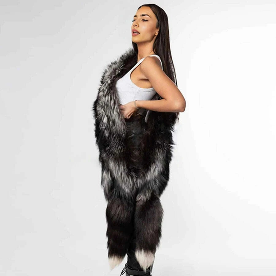 KIMLUD, Real Silver Fox Fur Coat For Women Real Long Fox Fur Cape With Tails Real Fox Fur Shawl Best Selling Natural Fur Jacket, KIMLUD Womens Clothes