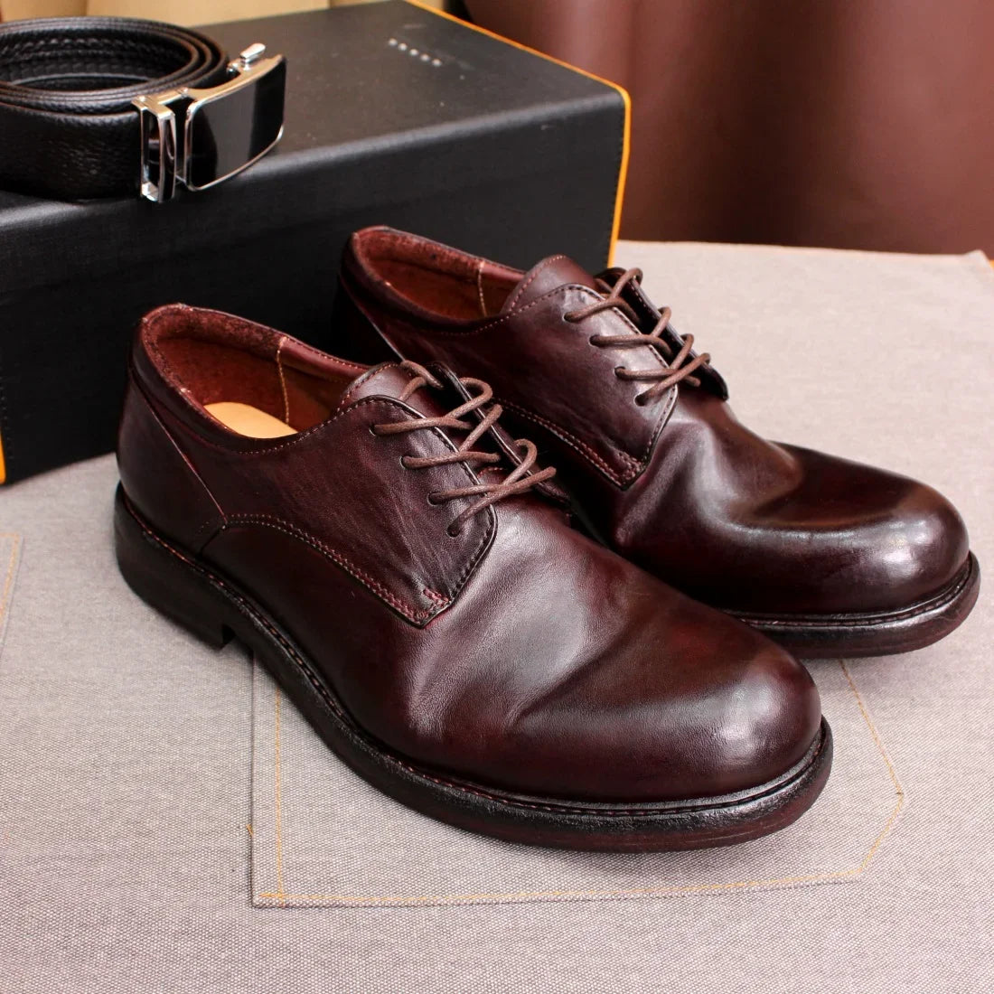Men's Handmade Goodyear Sewn Derby Formal Shoes Soft Genuine Leather round Toe Comfortable Non-Slip Casual Shoes