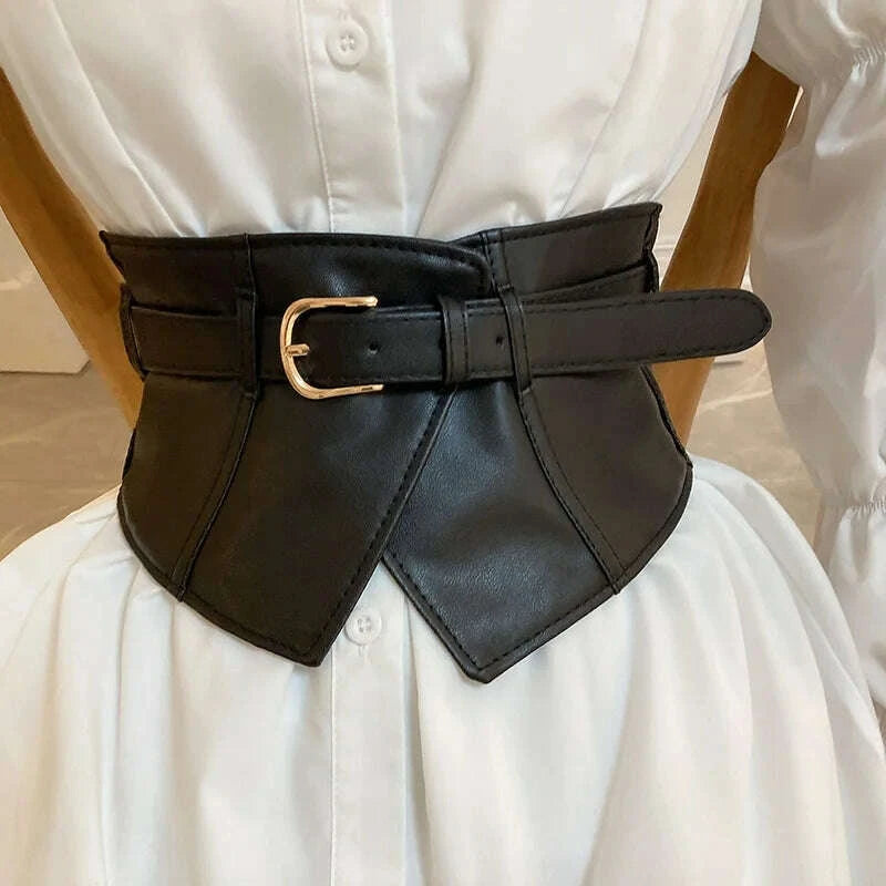 KIMLUD, Classic Pin Buckle Wide Belts Black Elastic PU Waistband Trendy Corset Waspie Belt Classic Dress Coat Girdle For Women Girls, KIMLUD Womens Clothes