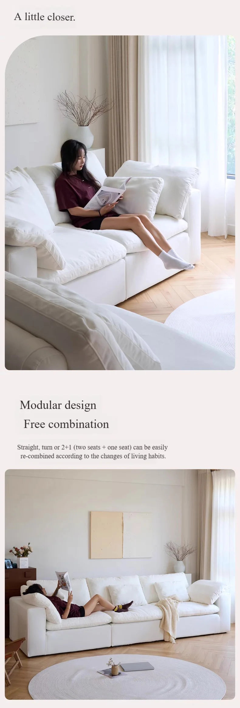Velvet L-Shaped Sofa With Two-Three Seater Config — Ivory | KIMLUD
