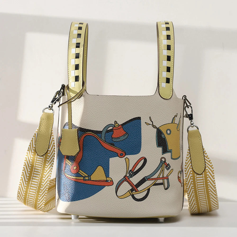 KIMLUD, Various Genuine Leather Luxury Bag Fashion Women's Handbag Vegetable Basket Style Portable Women Bucket Bag with Lock, KIMLUD Womens Clothes