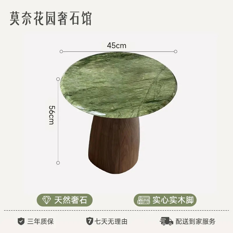 Marble-Look Round Coffee Table Solid-Wood Pedestal — Emerald Green | KIMLUD