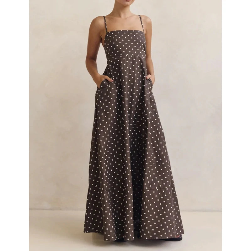 A-Line Dot Print Slip Dress Spaghetti Strap — Brown With White Dots | KIMLUD