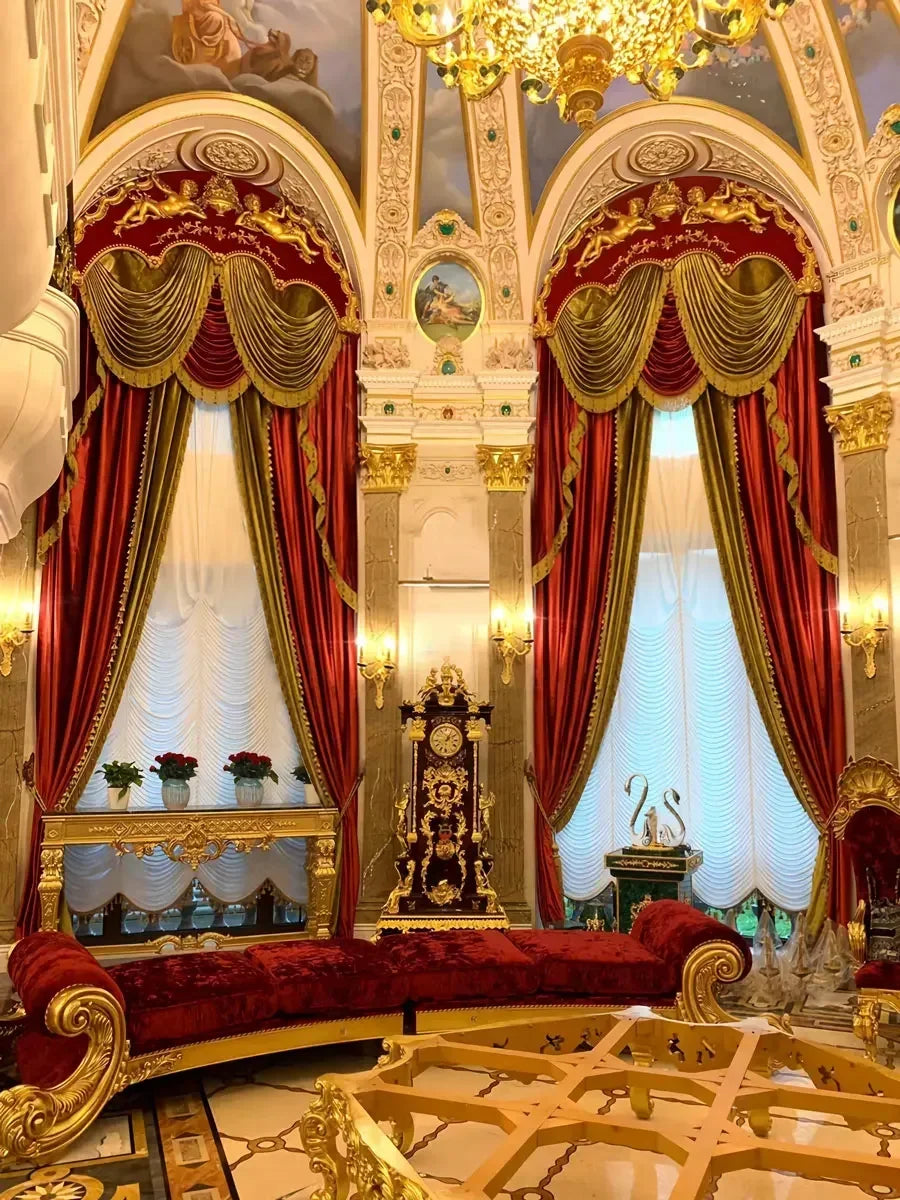 Gold Red Embroidered Window Screen Velvet Splicing Thickened Curtains for Living Room Bedroom French Balcony Villa Valance