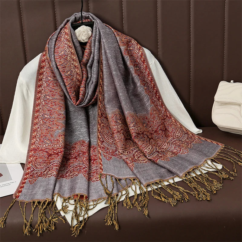 Cashmere Pashmina Shawl With Autumn Print Design, Olive Accents And Gold-Toned Fringe — Red | KIMLUD
