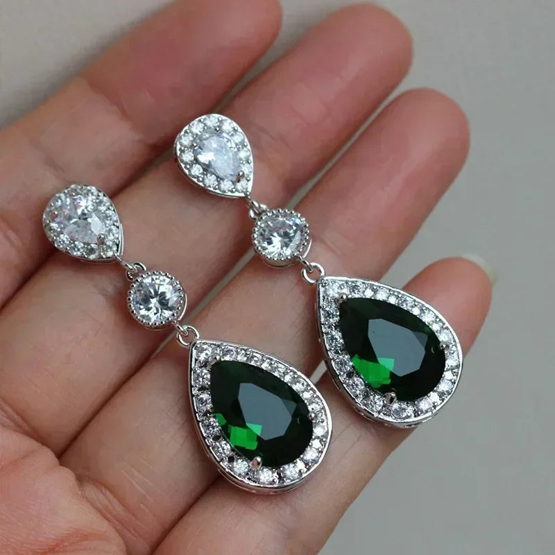 Cubic Zirconia Drop Earrings Water-Drop Inlaid — Emerald | KIMLUD