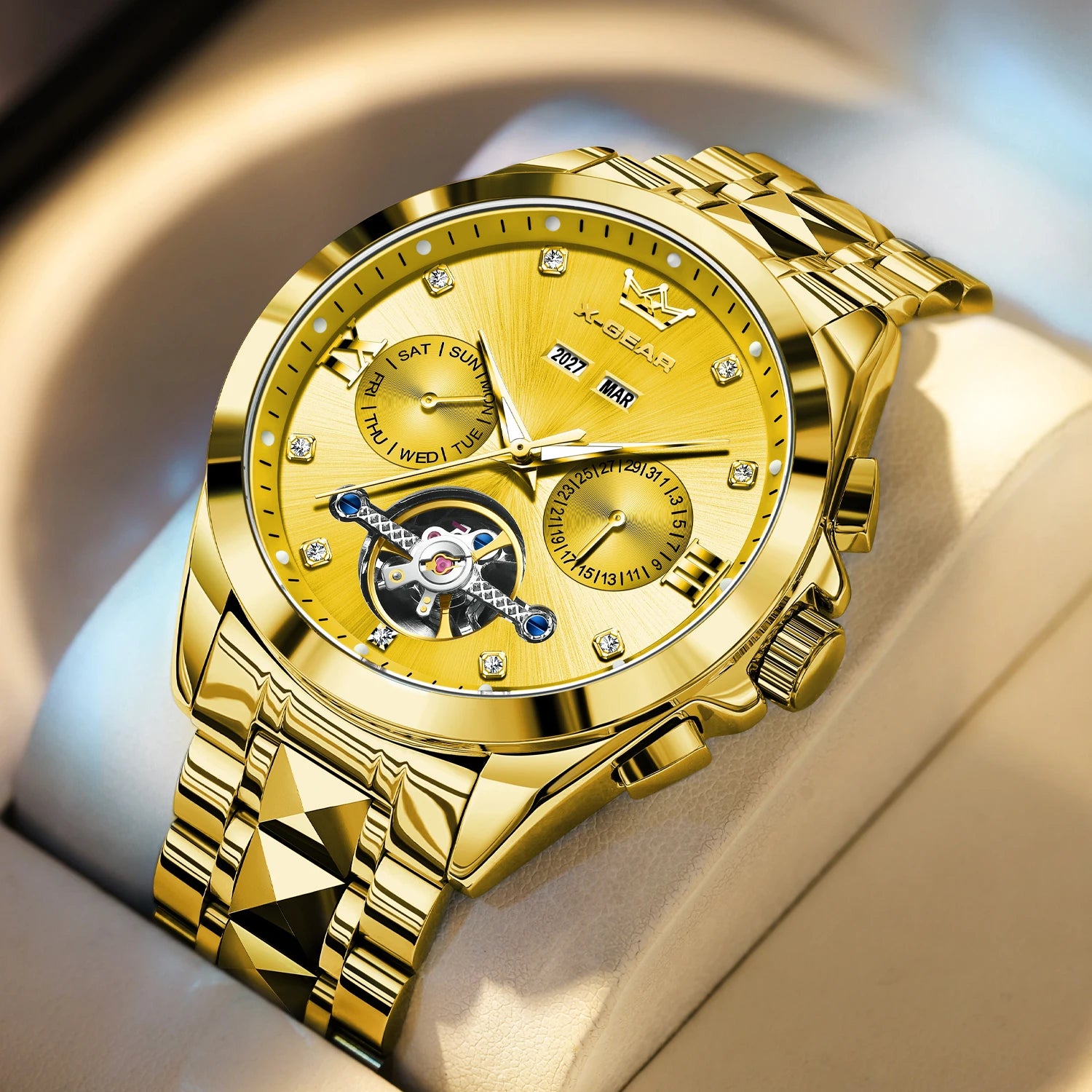 Men's Automatic Mechanical Watch with Tourbillon Waterproof Luminous Stainless Steel Strap Luxury Multi-Functional Timepiece