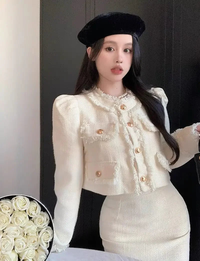 KIMLUD, Elegantsocialite Styletweed Long Sleeve Jacket Slimming Skirt New Autumn Fashion Korean Style 2-piece Set, KIMLUD Womens Clothes