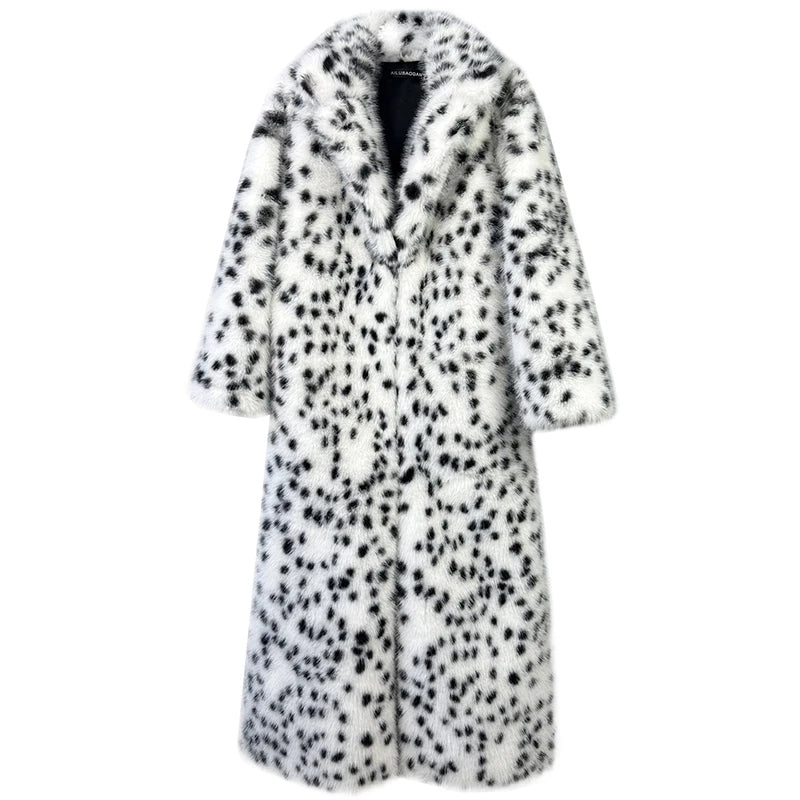 Coat – Leopard Print Faux Fox Fur – Winter Long Style – White | KIMLUD