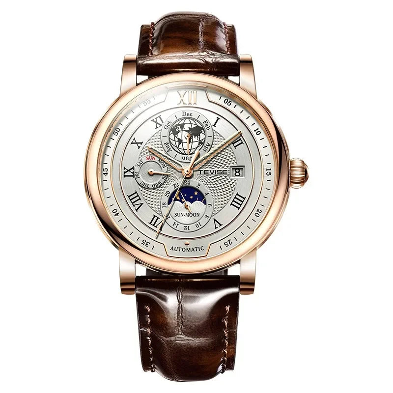 LIGE TEVISE Business Waterproof Mechanical Mens Watches Brand Luxury Leather Strap Watch for Men Moon Phase Automatic Wristwatch