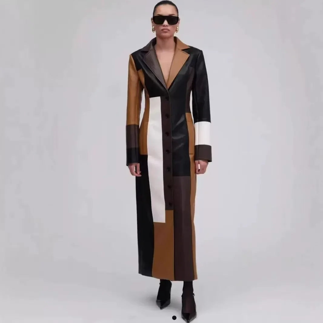 Vintage Style V Neck Long Jackets Fashion Trench Turn-Down Collar Patchwork Single Button Long Sleeve Long Trench Coat for Women