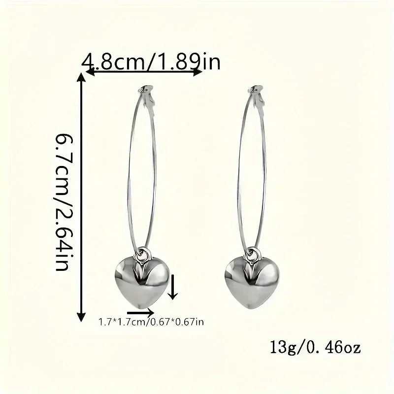 Alloy Heart Shaped Pendant Hoop Earrings — Silver | KIMLUD