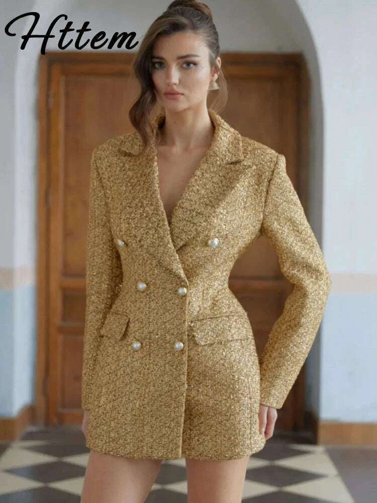 KIMLUD, Elegant Paillettes Blazer Coat Women Lapel Doube-breasted Fake Pocket Slim Jackets Lady 2025 Autumn Winter Streewear Female New, KIMLUD Womens Clothes