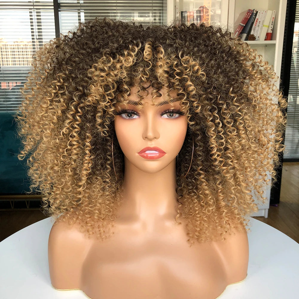Afro Kinky Curly Hair Wigs With Bangs — Natural Brown Mixed | KIMLUD