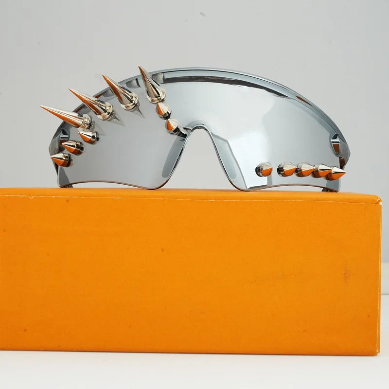 Rivet-Decor Resin Shield Sunglasses — Silver | KIMLUD