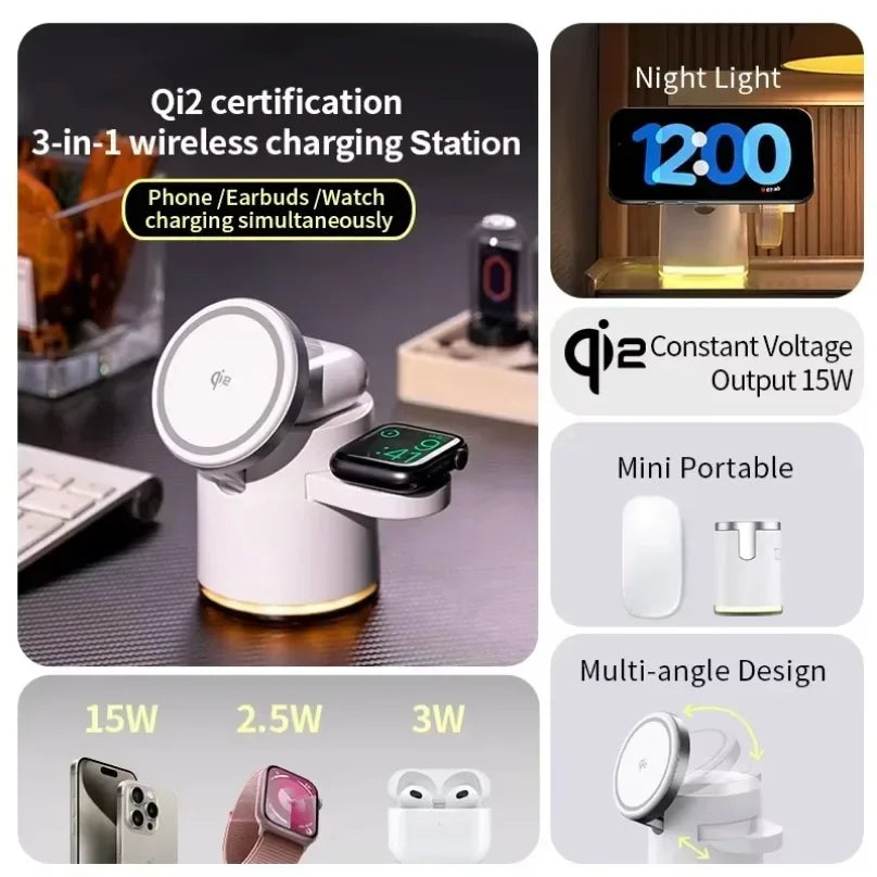 Fast Charging Dock Stand QI2 Wireless Charger Night Light 4 in 1 For Magsafe iPhone 16 15 14 Pro Max Airpods Pro 2-8 Apple Watch