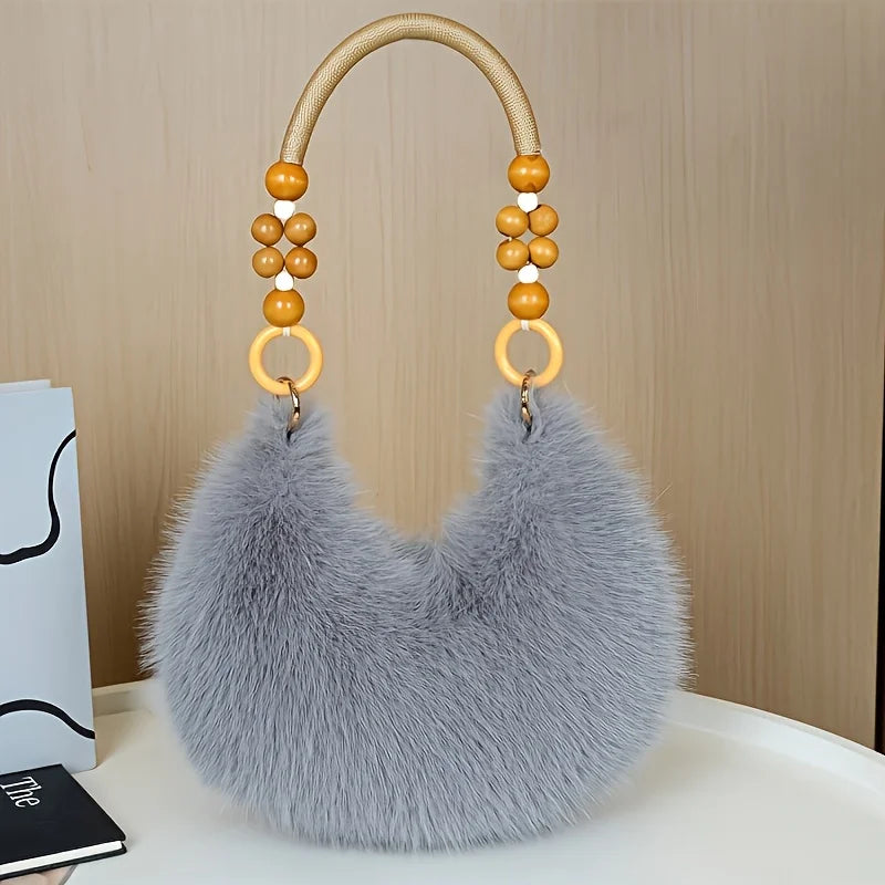 Women's Faux Handbag, Plush Faux Tote Purse with Bead Accented Strap, Zipper Closure Elegant Handbags Shoulder Bags for Everyday