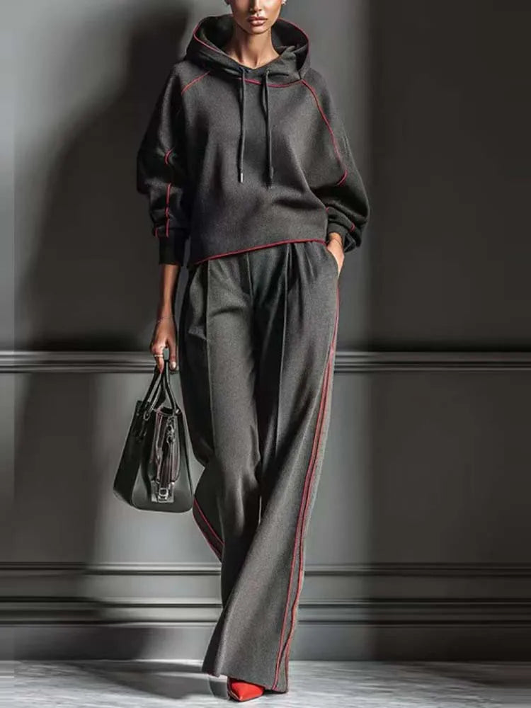 Hooded Sweatshirt Set Wide-Leg Pants — Charcoal Grey | KIMLUD