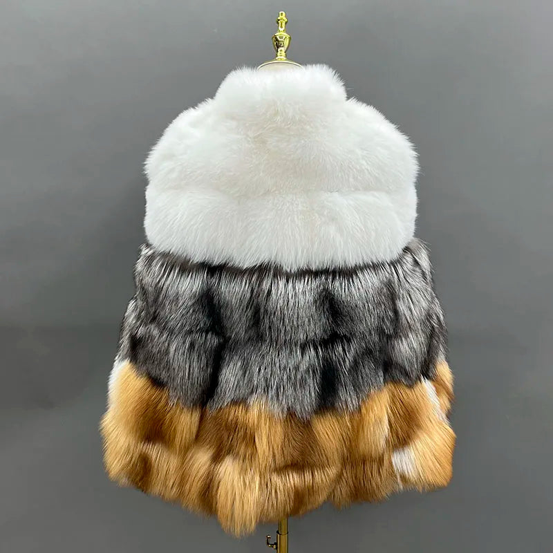 KIMLUD, JANEFUR Women's Winter Warm Cloak True Fox Fur Cloak Six-section Stand-up Collar Fox Poncho Winter Female Cape, KIMLUD Womens Clothes