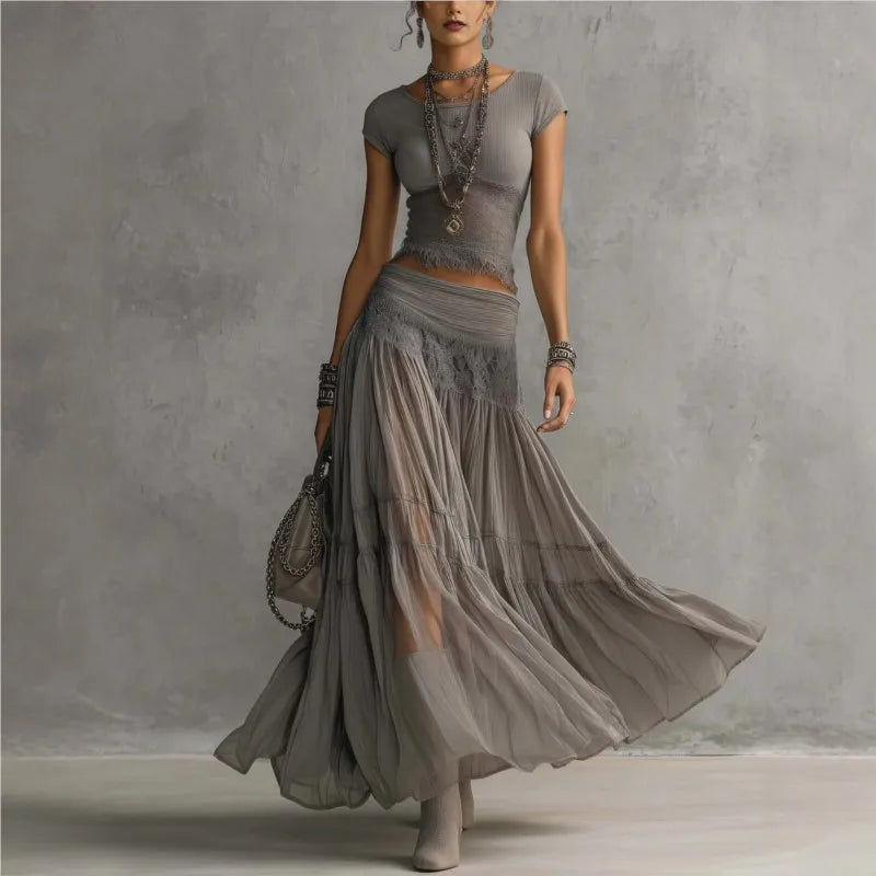 Chic Women Maxi Dress 2 Pieces Sets Solid Slim Fit Short Sleeved Top with Lace Splice Drawstring Elasticity High Waisted Skirt
