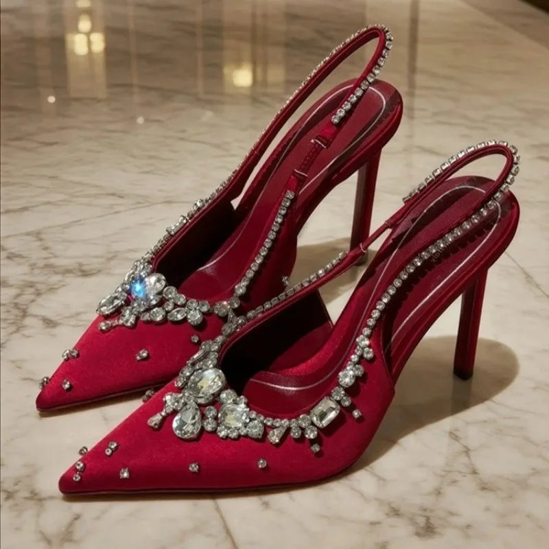 Dresses Satin Pointy Toe Heels With Rhinestones — Silver | KIMLUD